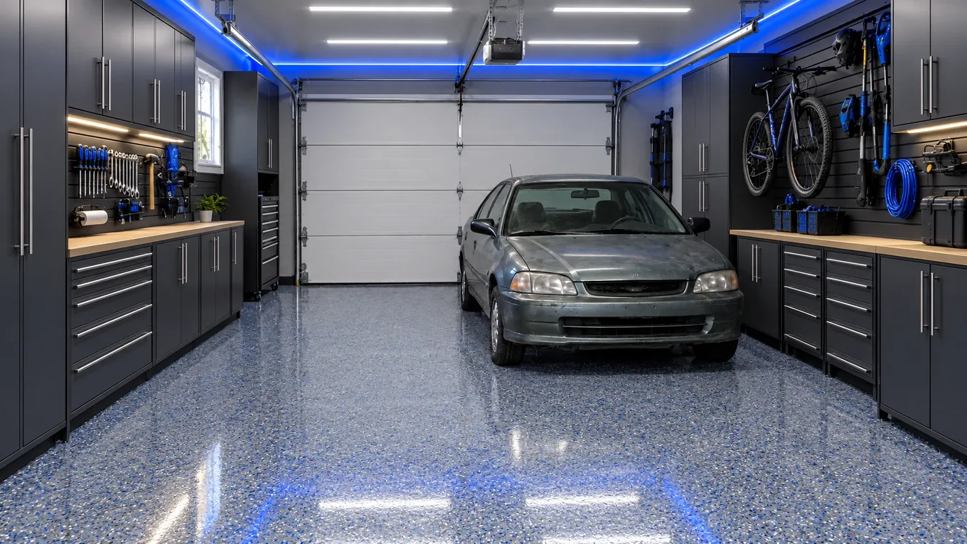 The same single-car garage after a gray and blue flake floor, charcoal cabinets and slatwall with a bike