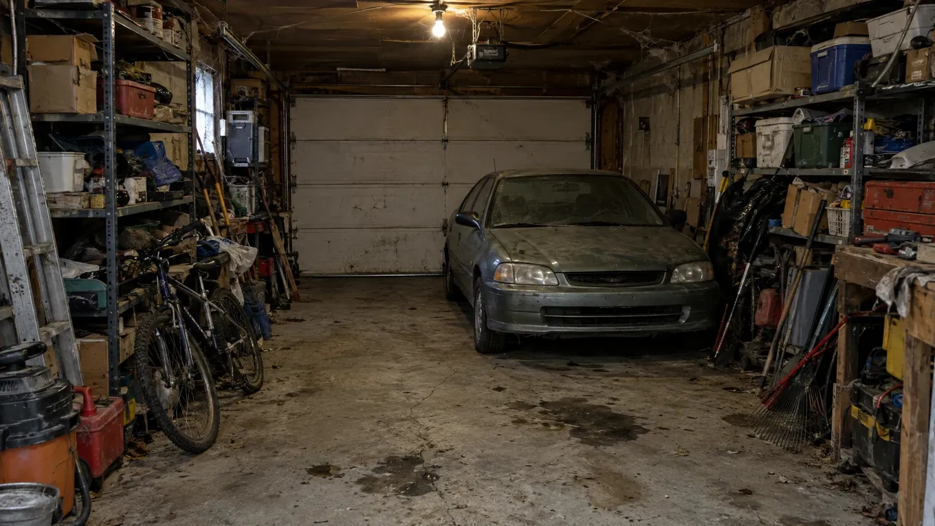 Cluttered single-car garage with stained concrete, overloaded shelves and a small sedan before a makeover