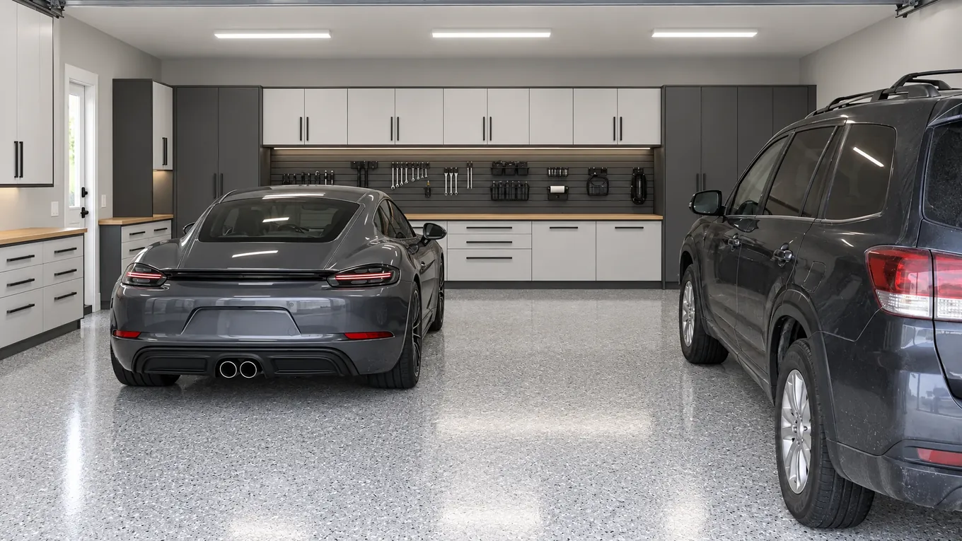The same two-car garage after a light-gray flake floor, finished walls, white and graphite cabinets and two vehicles