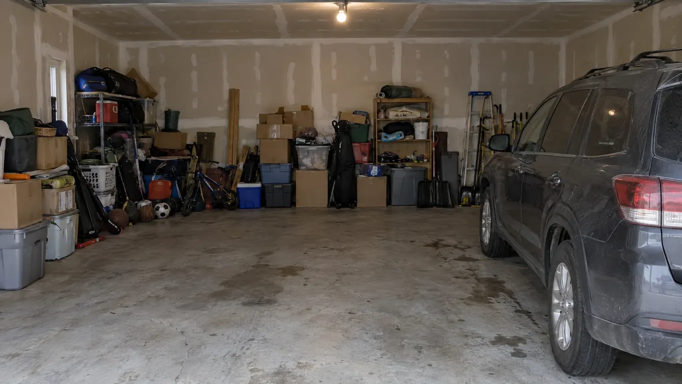 Plain two-car garage with cracked concrete, stacked boxes, unfinished drywall and a dusty SUV