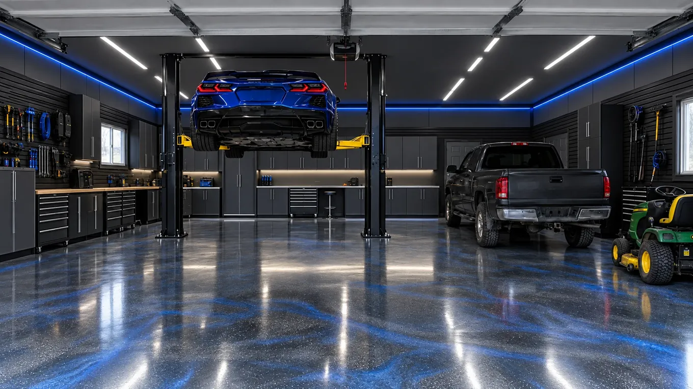 The same large garage after a metallic epoxy floor, charcoal panels, cabinets and a two-post lift with a sports car