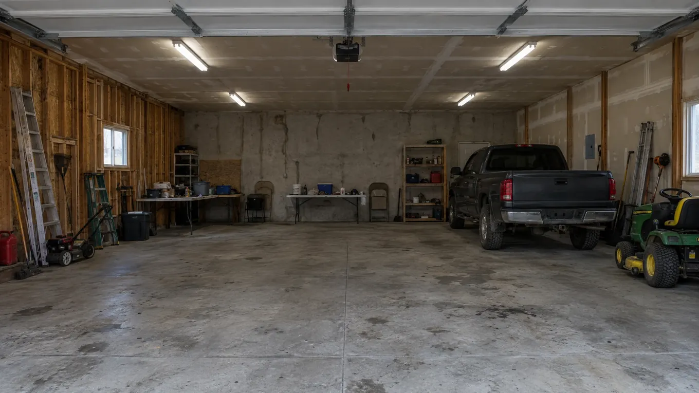 Large unfinished three-car garage with bare concrete, exposed studs and a pickup truck