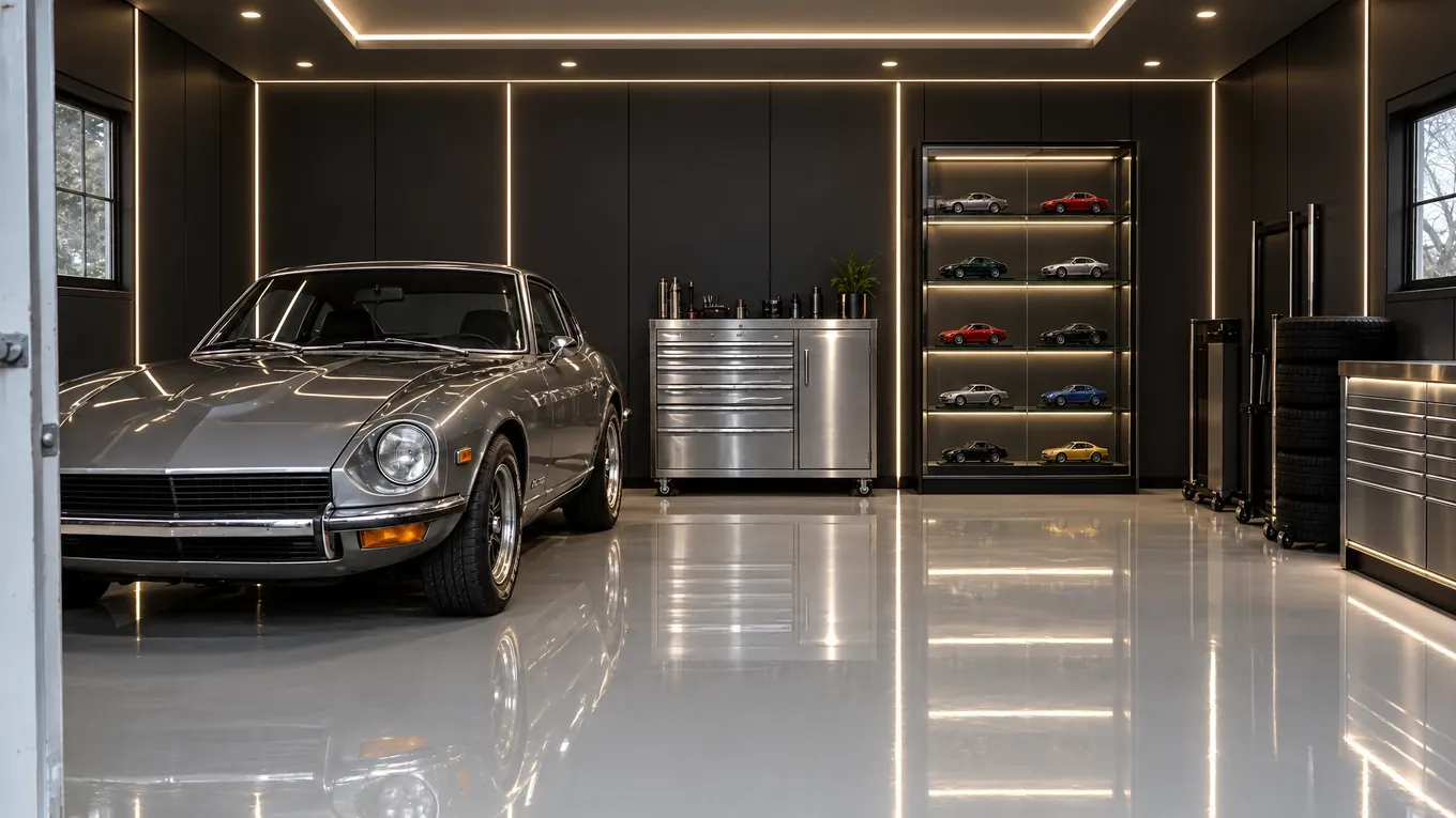 The same garage as a collector showroom with a mirror-gloss floor, charcoal walls, LED lines and a gleaming classic car