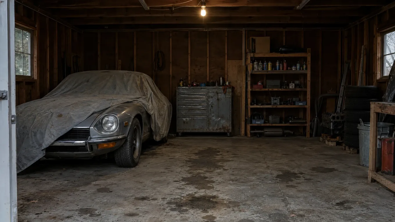 Dim car-enthusiast garage with oil-stained concrete and a classic sports car half covered by a tarp