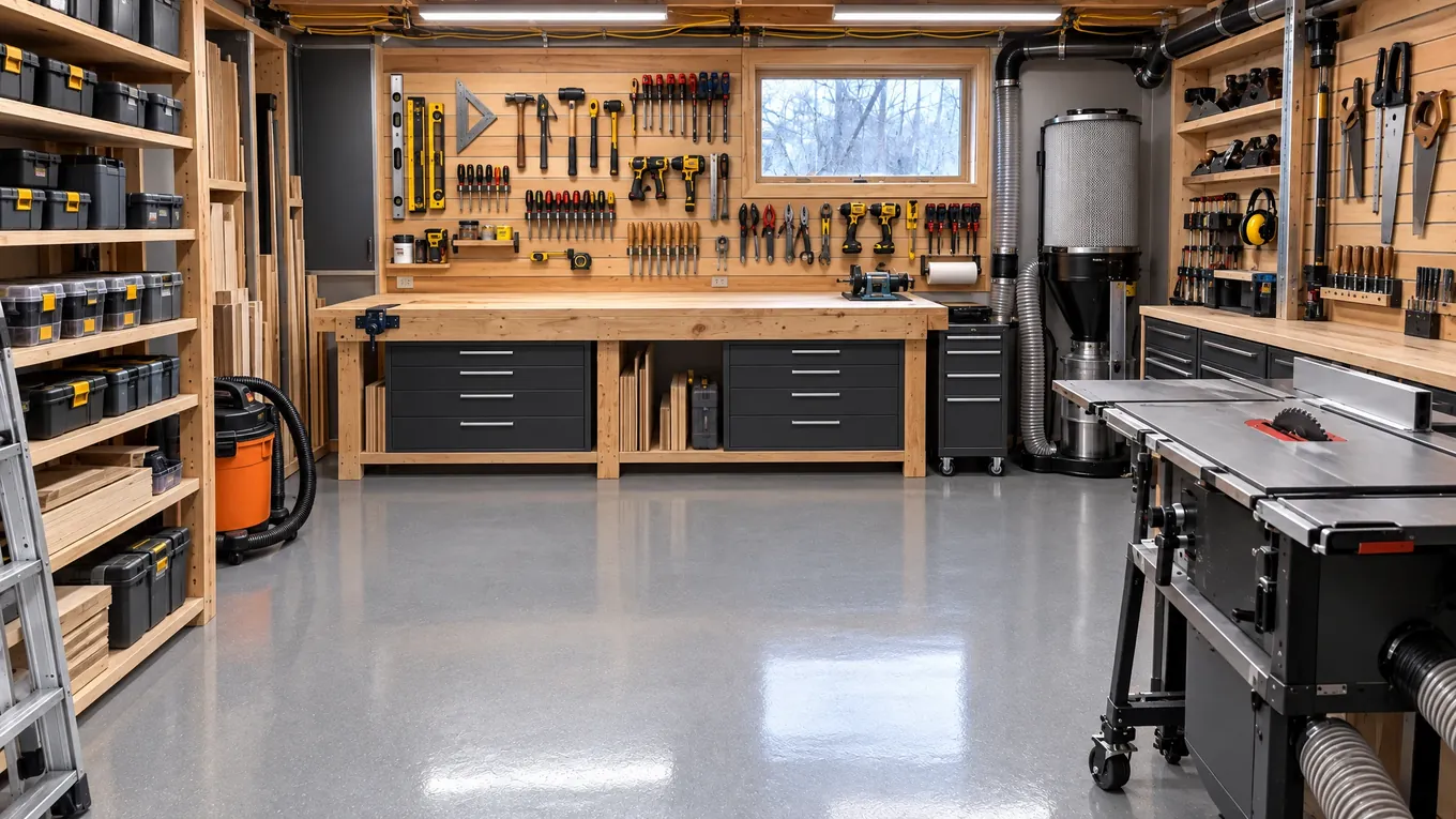 The same workshop after a gloss gray floor, French-cleat tool wall, tidy cabinets and bright LED lights