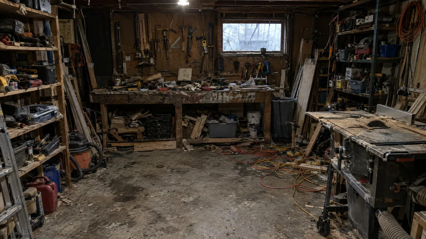 Messy garage workshop with a buried workbench, tangled cords and a dusty table saw
