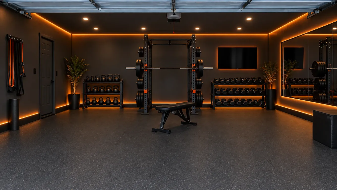 The same garage as a home gym with black rubber flooring, a power rack, mirror wall and orange LED accents