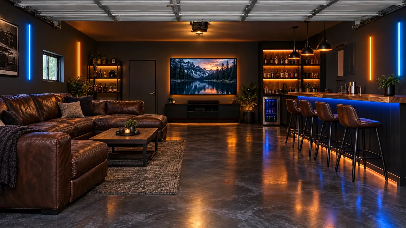 The same garage as a man cave lounge with a polished dark floor, leather sectional, wall TV, bar and LED light bars