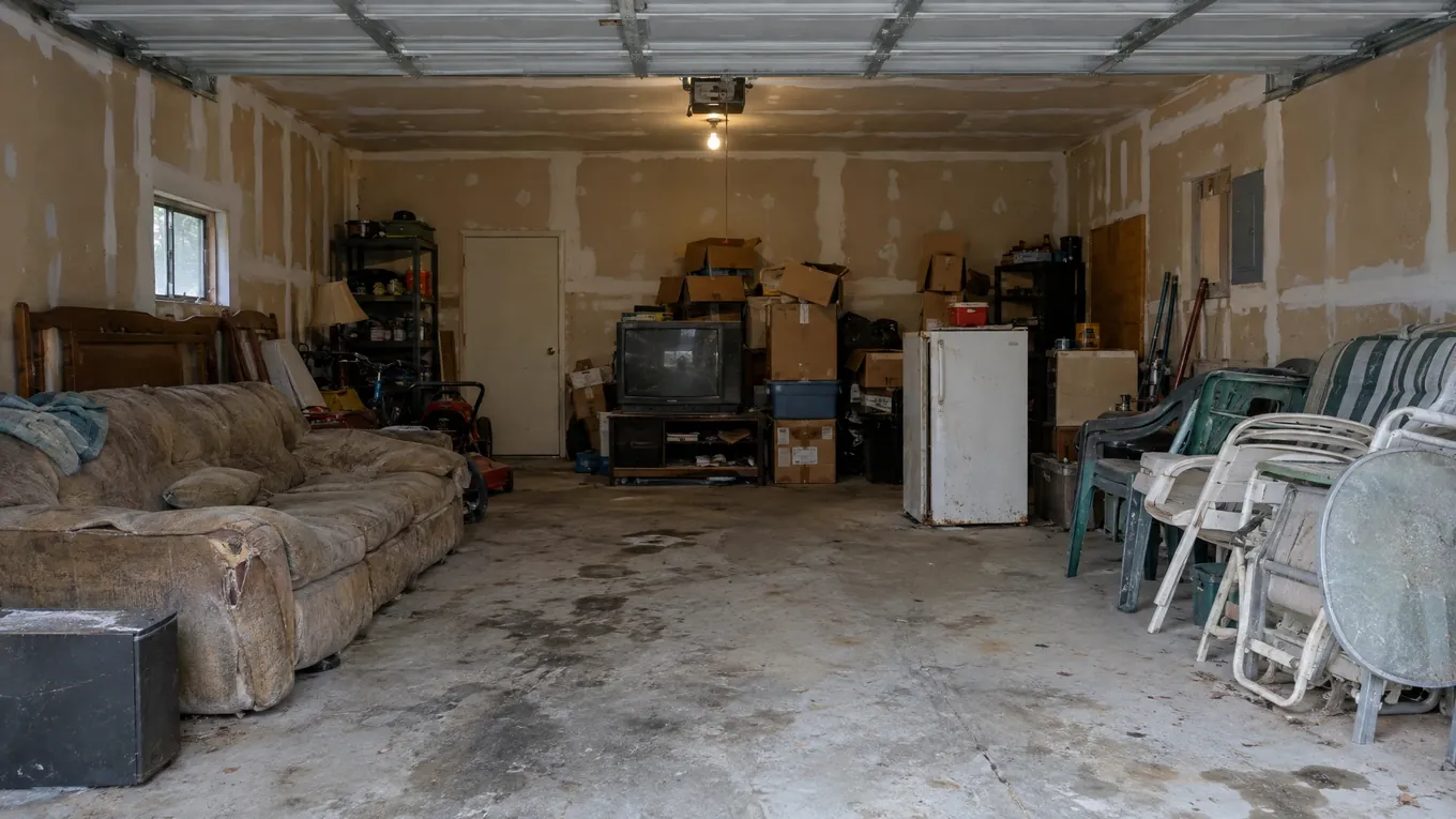 Junk-filled garage with an old sofa, TV, boxes and lawn furniture on bare concrete