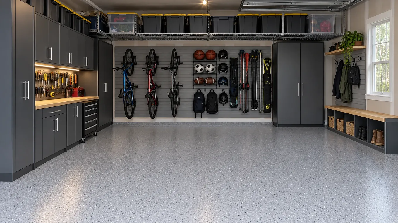 The same garage after custom cabinets, slatwall, overhead racks, a mudroom bench and a clear flake floor