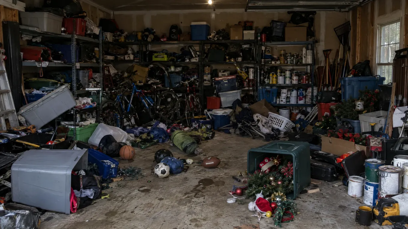 Chaotic garage with overflowing shelves, tangled bikes and gear piled on stained concrete