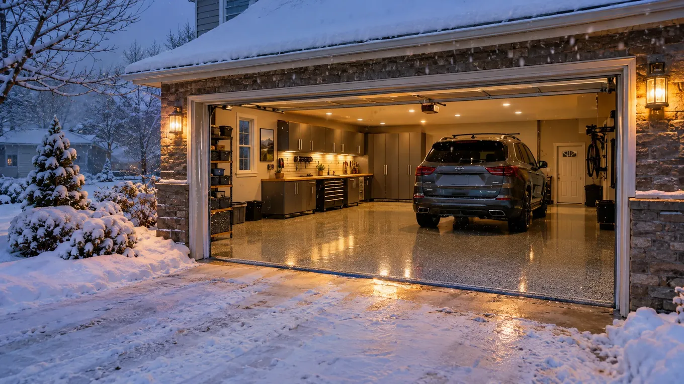 Snowy suburban home with the garage door open on a warm lit garage with a glossy flake floor and an SUV