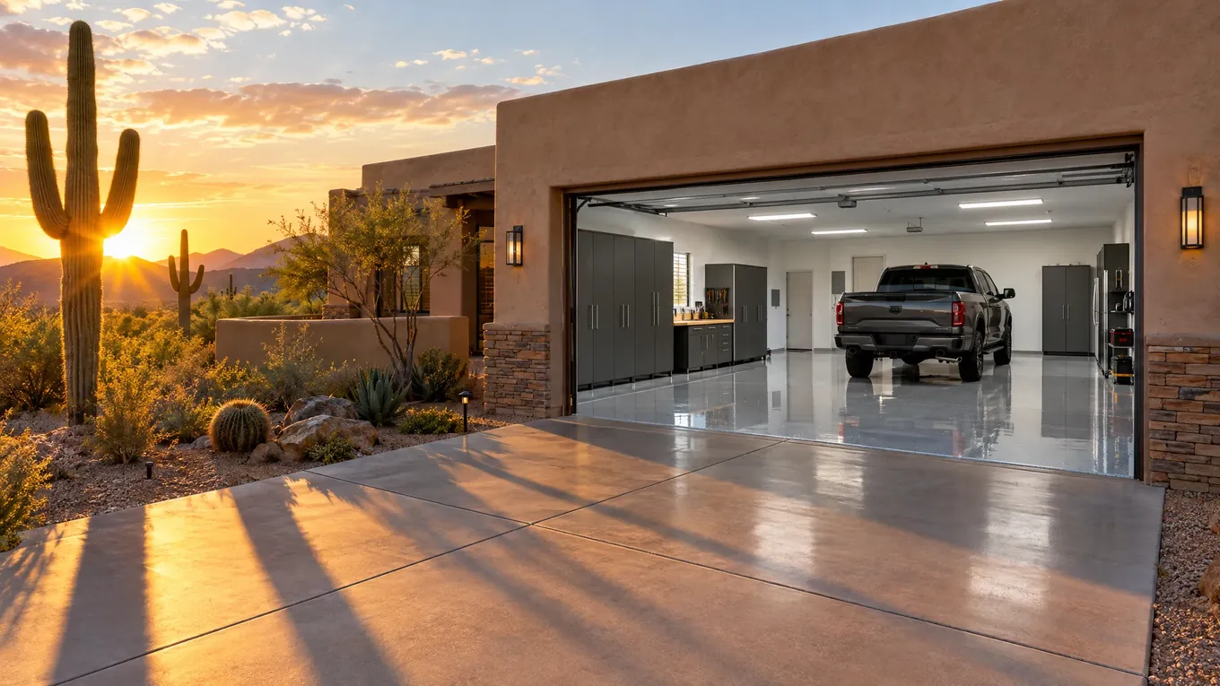 Desert southwest home at golden hour with an open garage showing a cool finished interior and a pickup truck