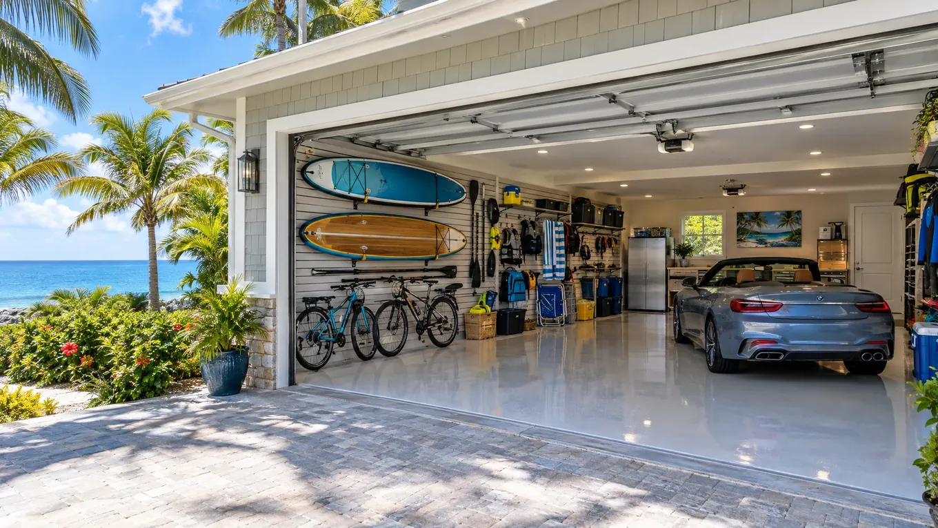 Tropical coastal home with palm trees and an open garage with paddleboards, bikes and a convertible