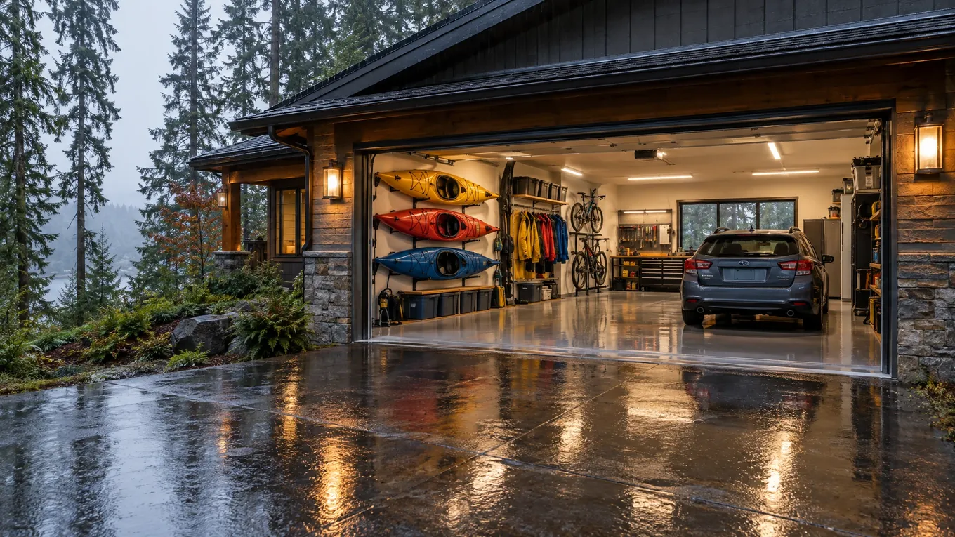 Pacific Northwest home on a rainy day with an open garage holding kayaks, bikes and rain gear