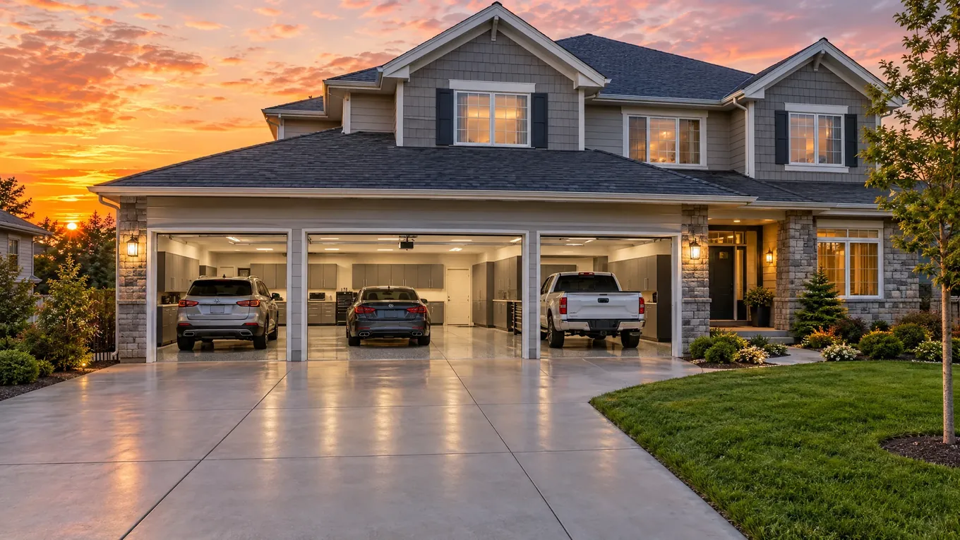 Large suburban home at sunset with all three garage doors open showing a pristine garage and cars