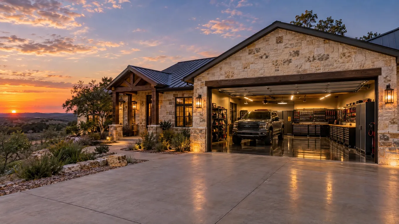 Texas ranch-style home at dusk with an open garage showing a pickup truck, tool wall and heavy-duty cabinets