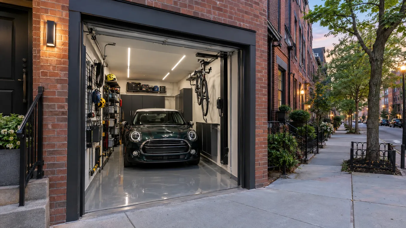 Brick townhome street with a narrow garage door open on a compact organized garage with a small car