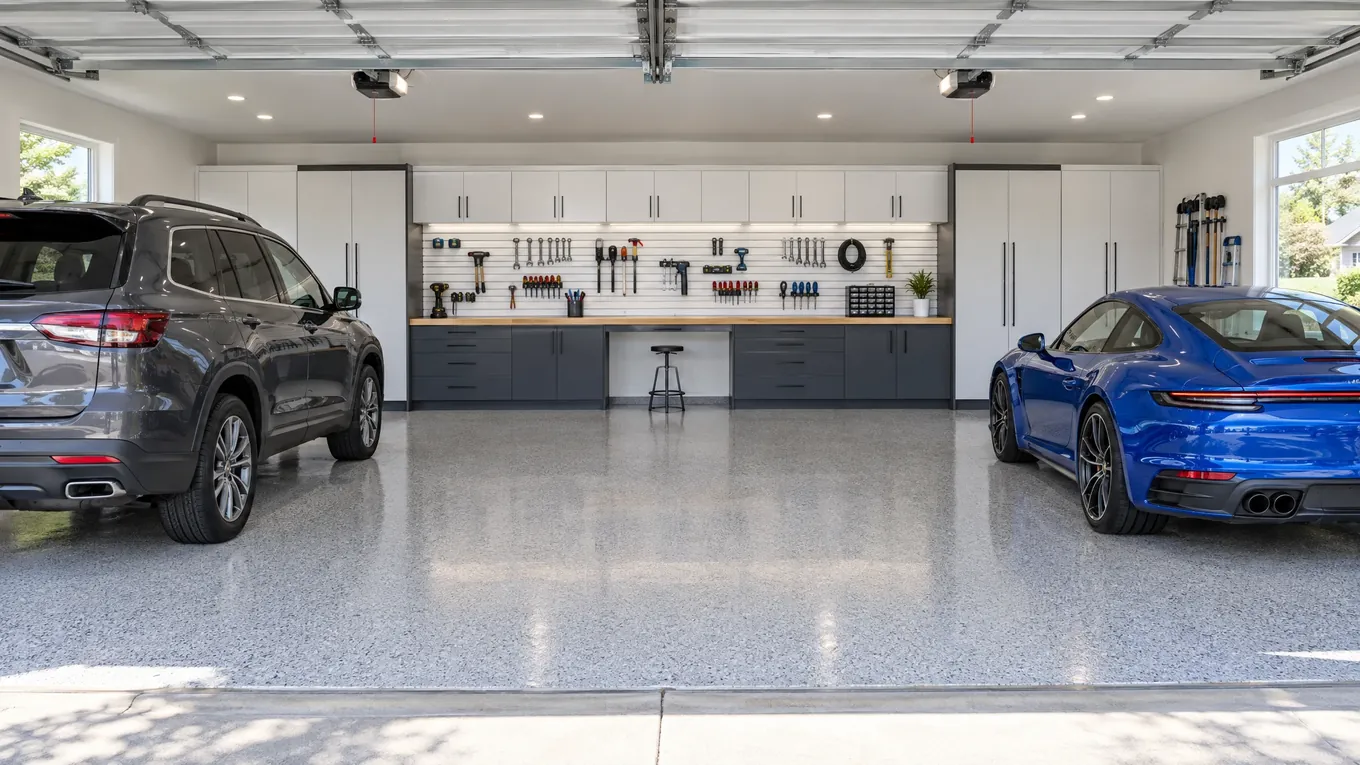 Bright three-car garage with a gray flake epoxy floor, white and graphite cabinets, slatwall and two parked cars