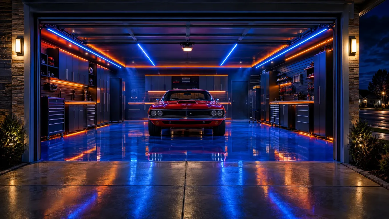 Custom garage at night with a glossy blue epoxy floor, electric-blue and orange LED lighting, black slatwall and a red muscle car