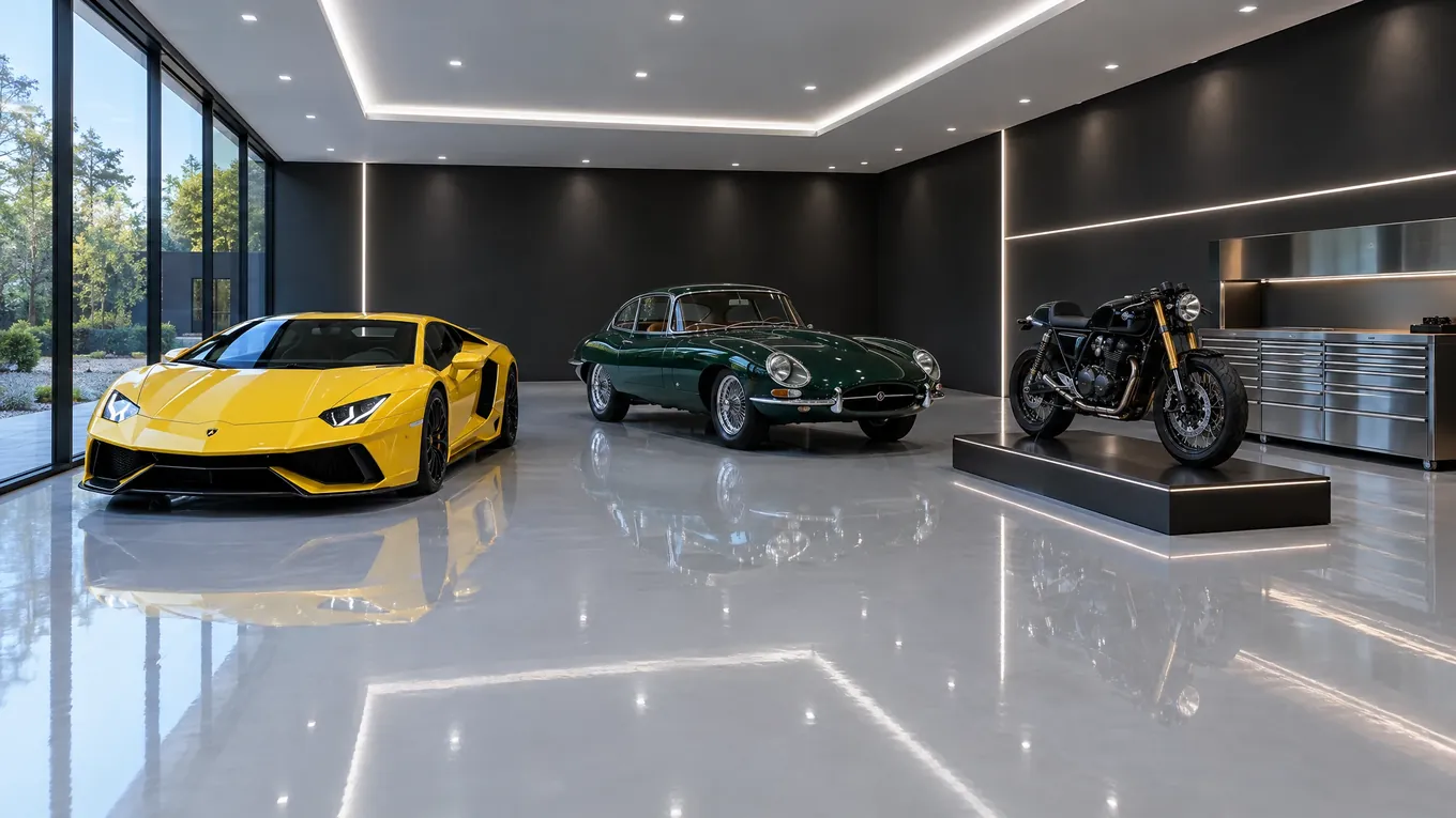 Luxury collector showroom garage with a yellow supercar, a green vintage coupe and a motorcycle on a mirror-gloss floor