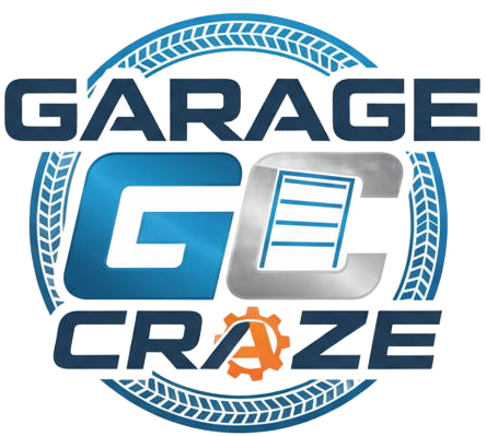 Garage Craze logo, a circular badge with tire treads, a blue G, a silver C shaped like a garage door and an orange gear
