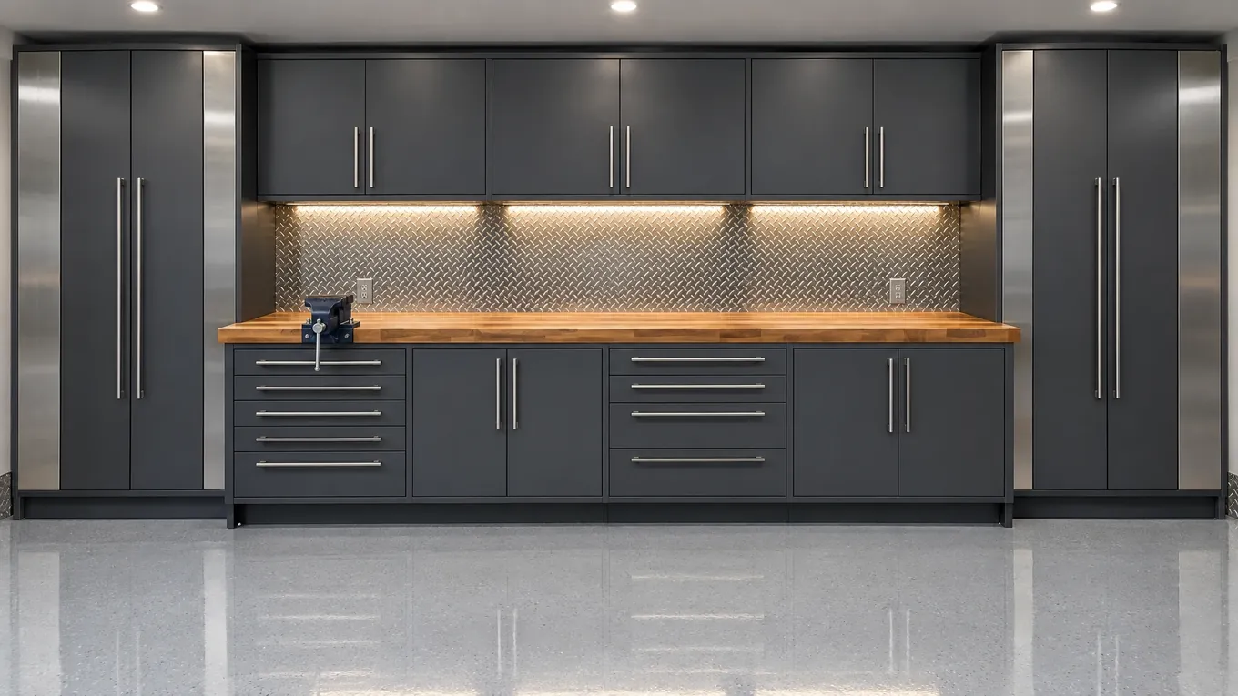 Wall-to-wall charcoal and stainless garage cabinets with a butcher-block workbench and under-cabinet LED lighting