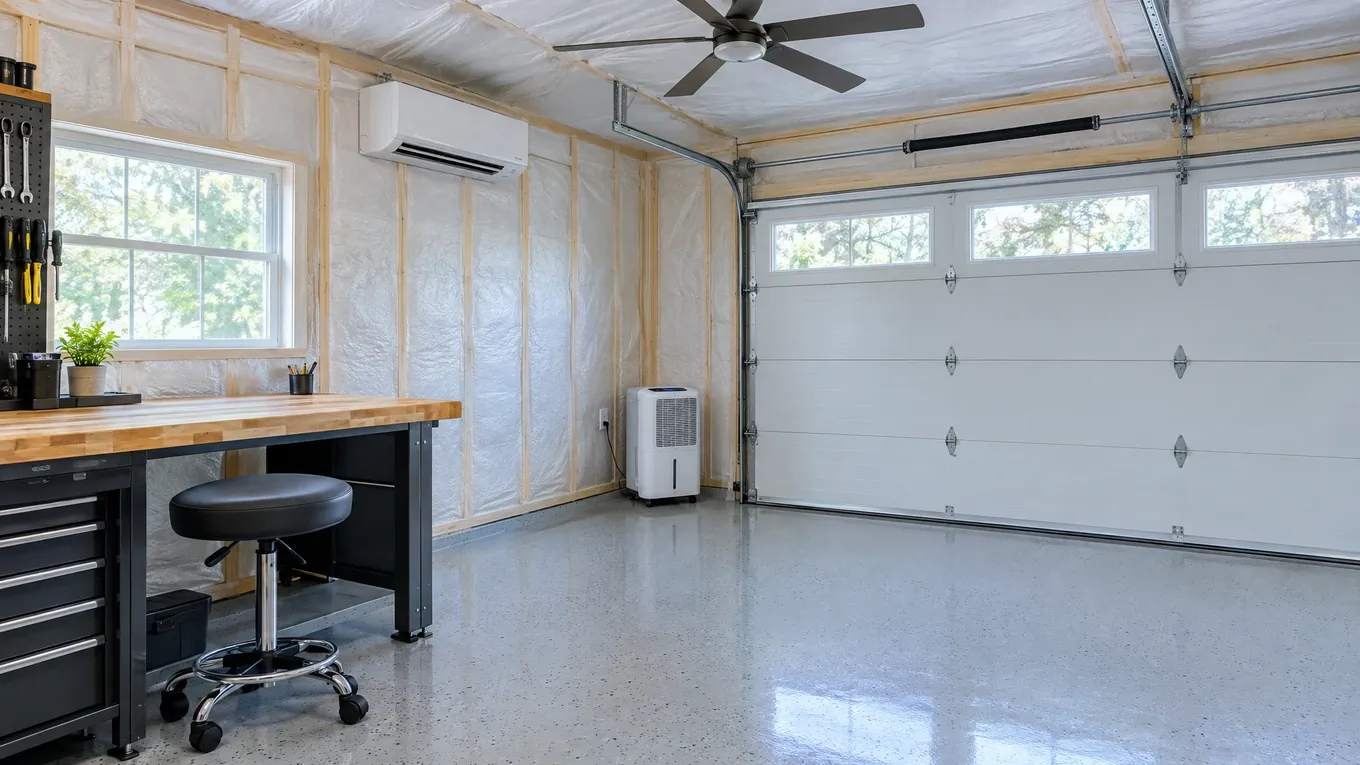 Garage workspace with a white mini-split air conditioner, dehumidifier, insulated door and workbench