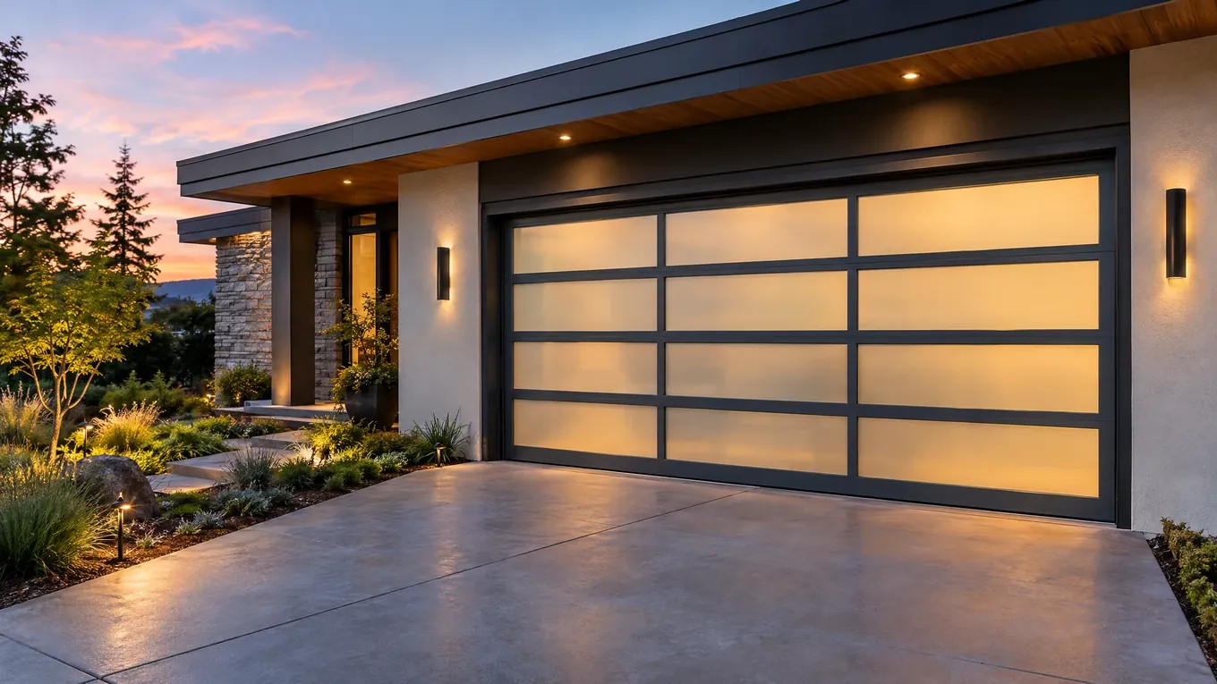 Modern home at dusk with an insulated aluminum and frosted-glass garage door glowing with warm light