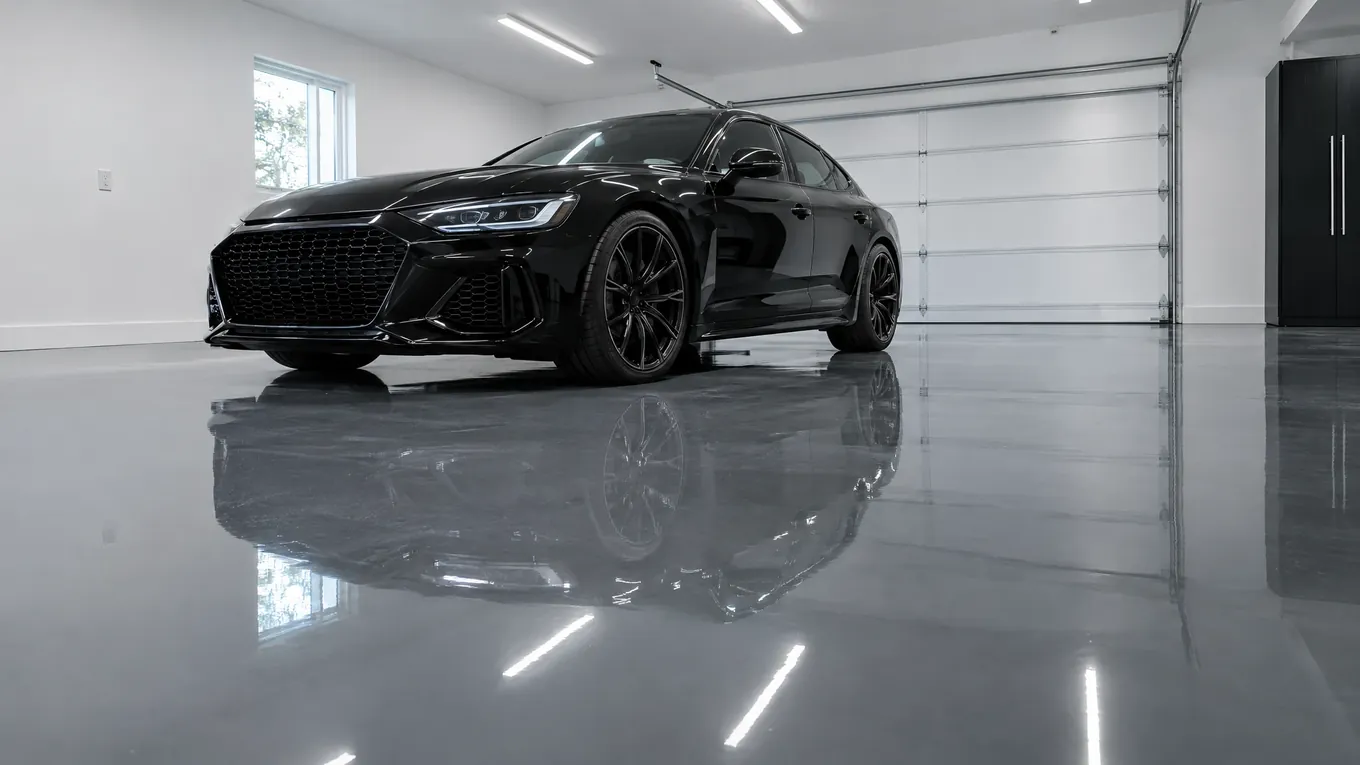 Mirror-gloss graphite epoxy garage floor reflecting LED lights with a black sports sedan parked on it