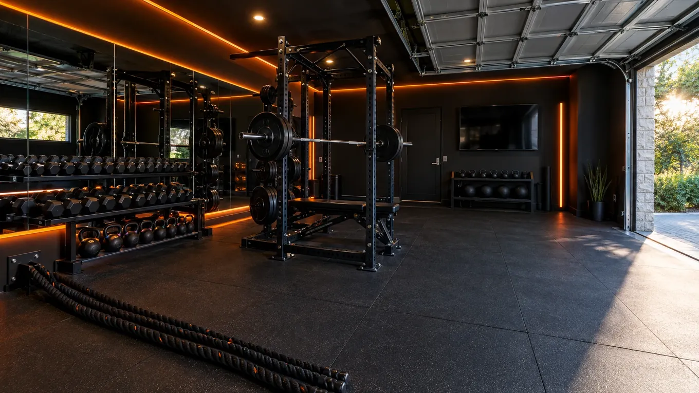 Garage home gym with black rubber flooring, a power rack, dumbbells, mirror wall and orange LED accents