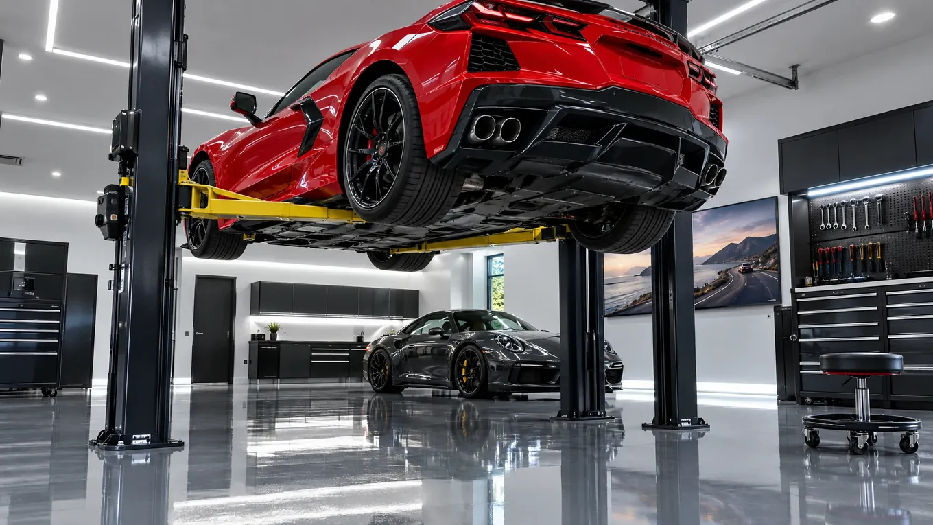 Red sports car raised on a two-post lift in a bright garage with a mirror-gloss floor and a second car below a wall display