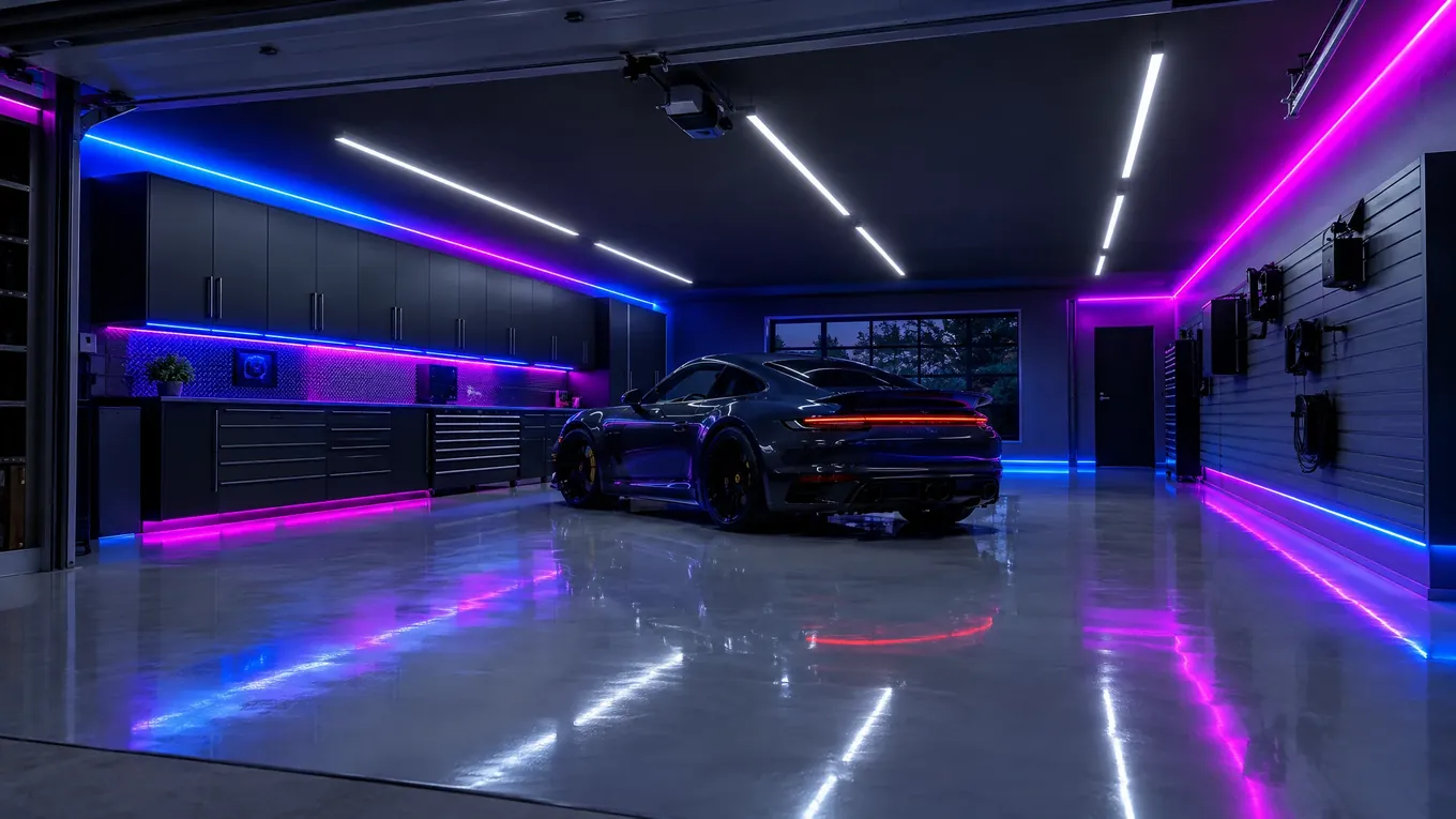 Garage with white linear LED ceiling lights and electric-blue and magenta color-changing strips over a gleaming floor