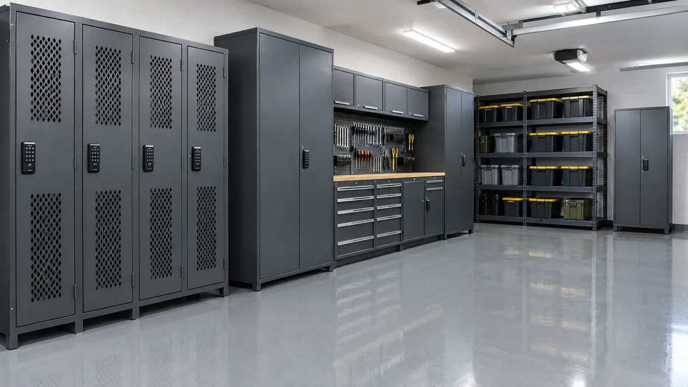 Tall dark-gray steel garage lockers with keypad locks and a locked tool storage wall on a gray epoxy floor