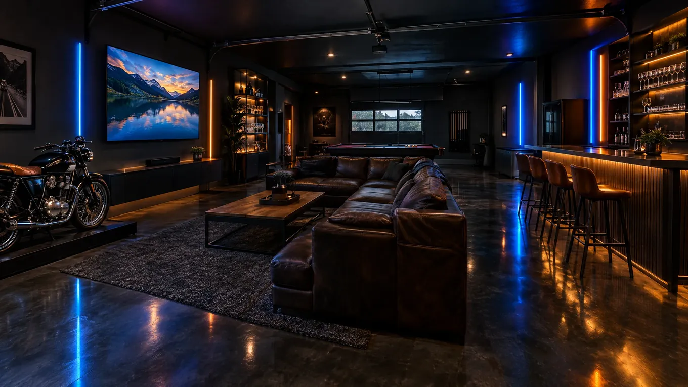 Garage man cave with a leather sectional, big wall TV, bar with stools, blue and orange LED bars and a display motorcycle