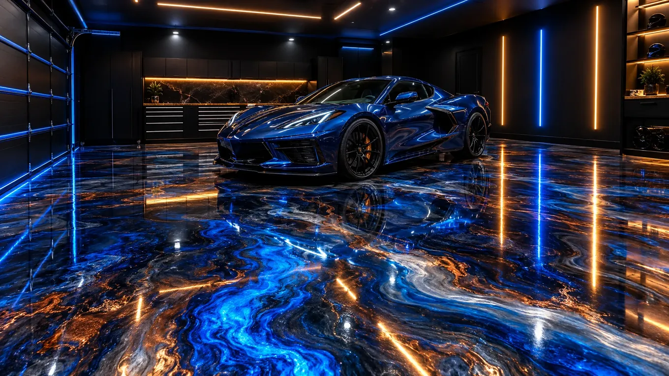 Garage with a swirling blue, silver and copper metallic epoxy floor and a sports car parked on it