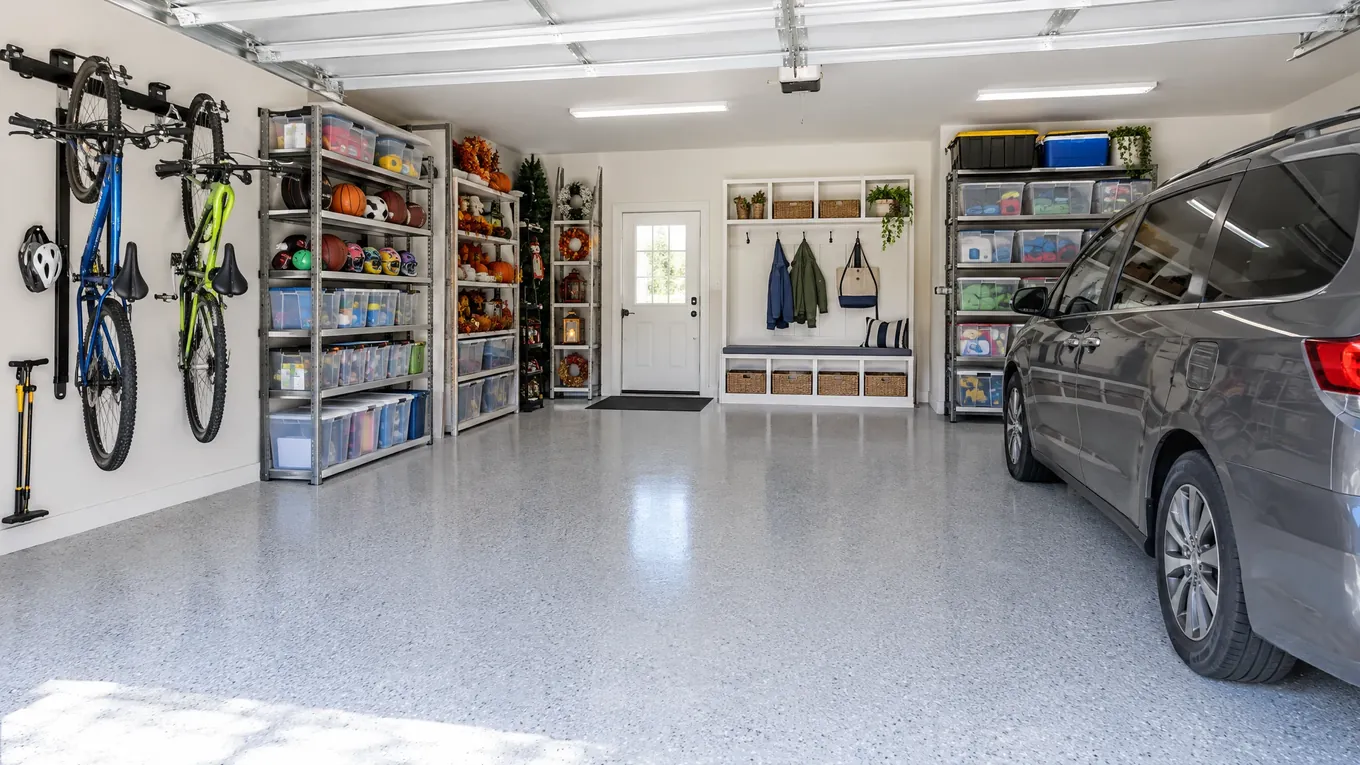 Organized family garage with a wall bike rack, labeled bins, a mudroom bench with hooks and a minivan on a flake floor