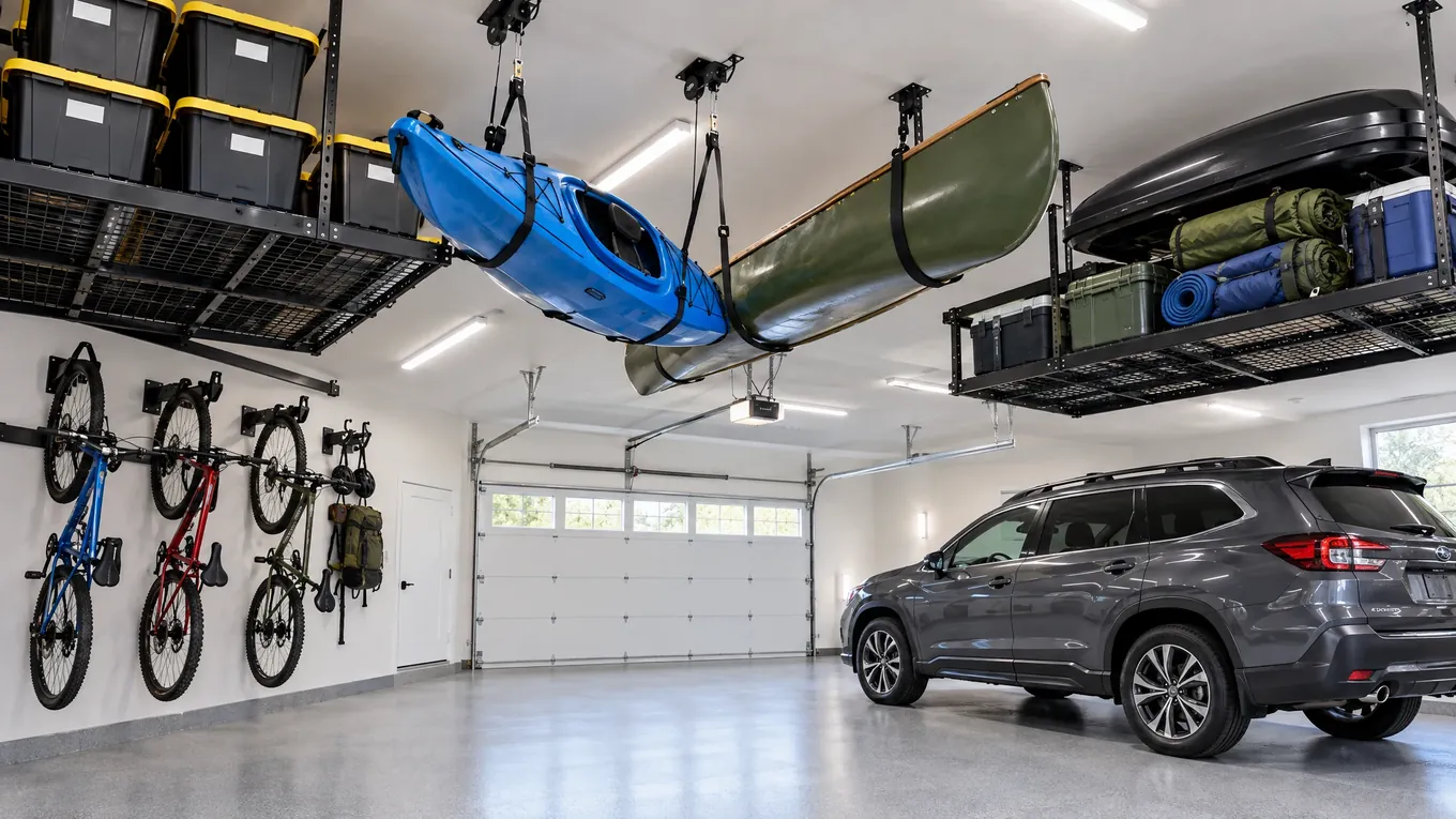 Garage ceiling with overhead racks holding labeled bins, a hung kayak and bikes while an SUV is parked below