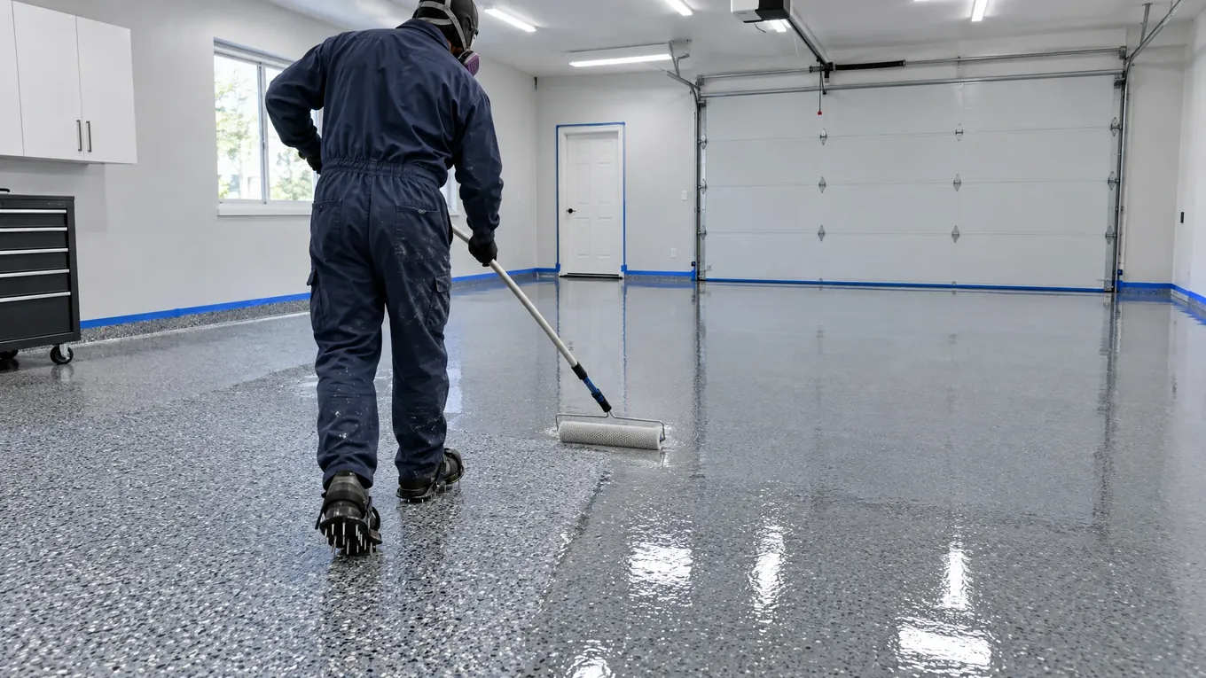 Installer rolling a clear glossy polyaspartic top coat over a gray and charcoal flake garage floor