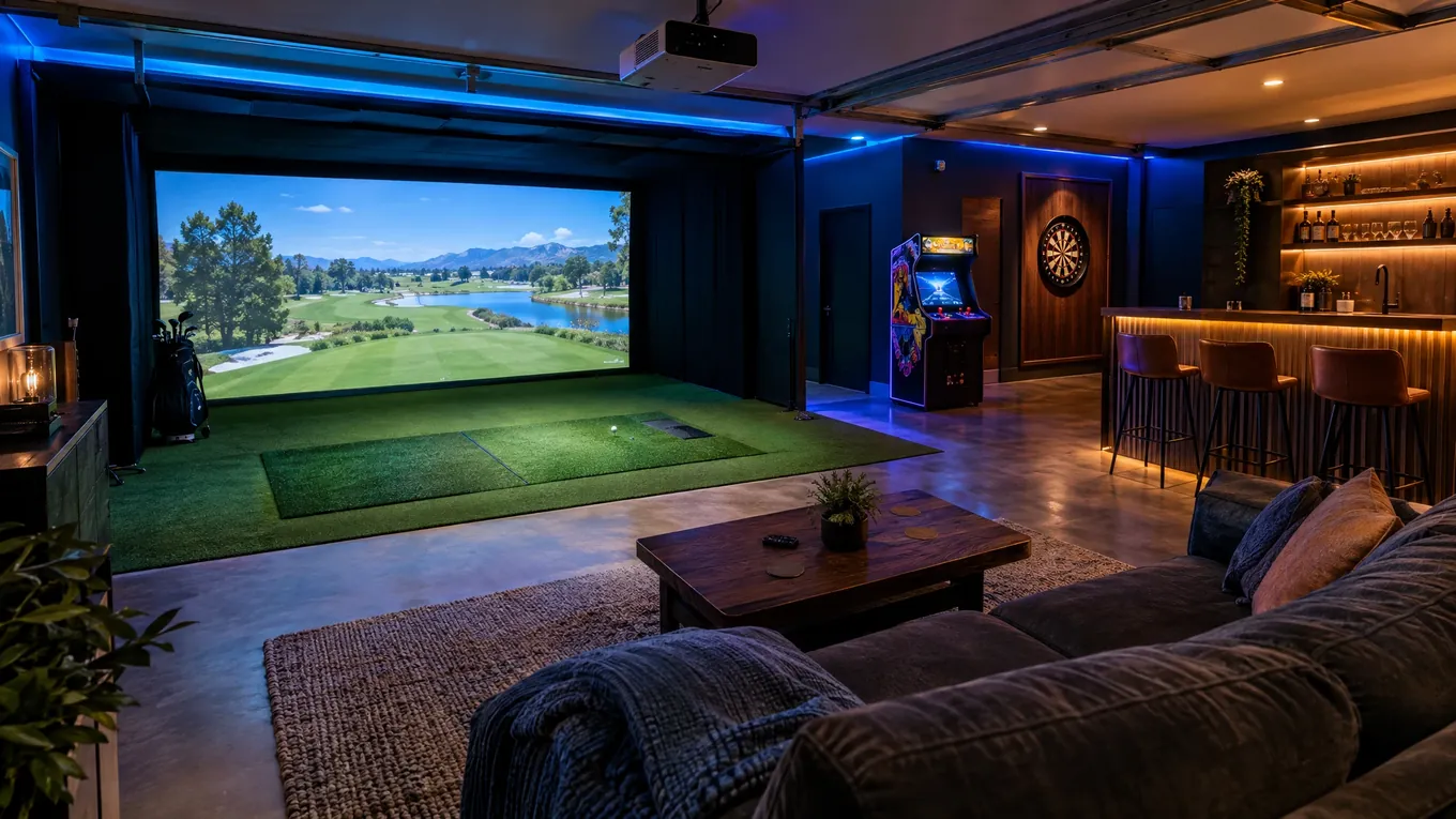 Garage converted into a golf simulator bay with an arcade cabinet, dartboard, small bar and lounge sofa