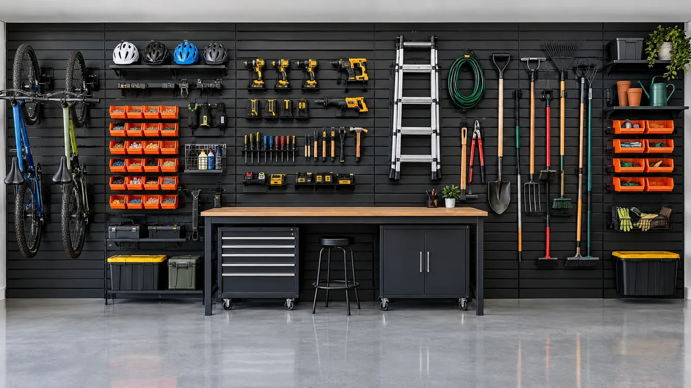 Black garage slatwall panels hung with tools, bike hooks, shelves and orange bins in an organized layout