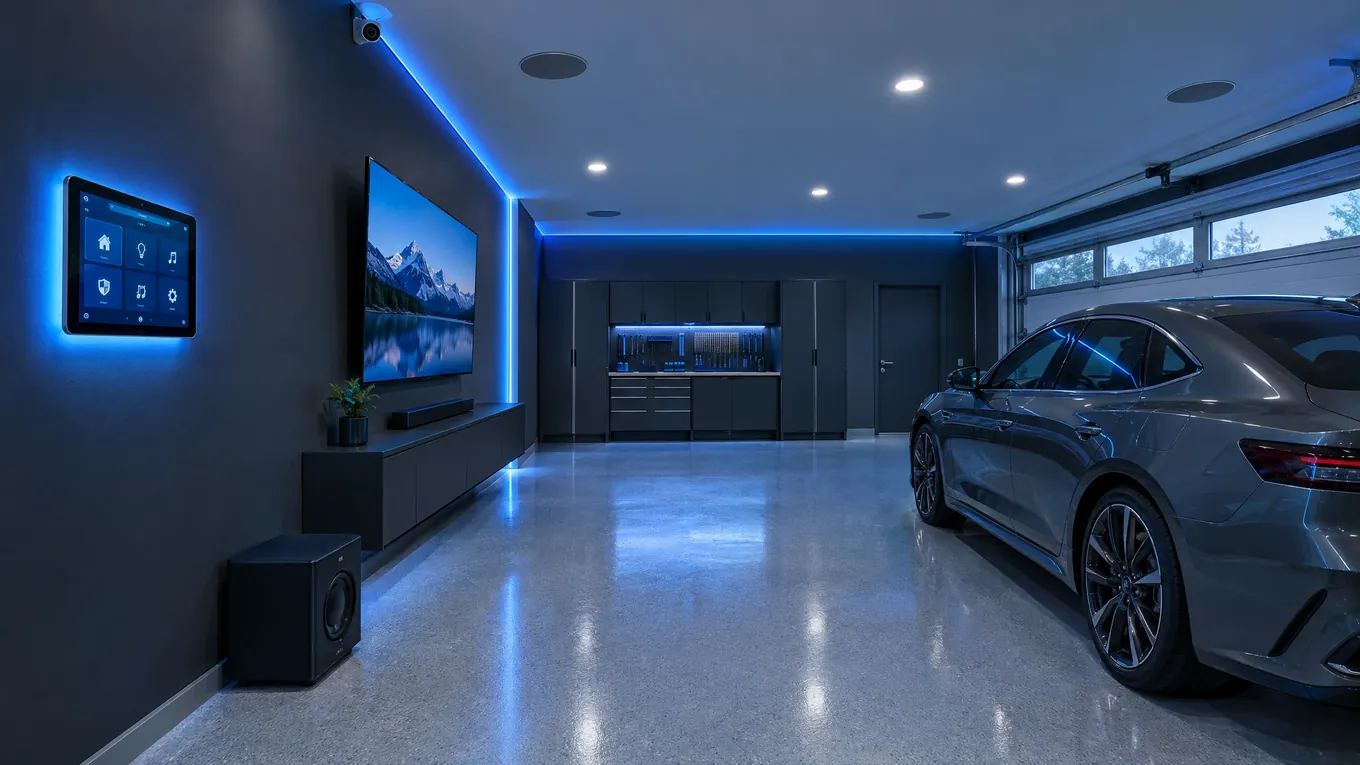 Garage with a wall control panel, ceiling speakers, a wall-mounted TV, a camera and blue smart lighting beside a gray sedan