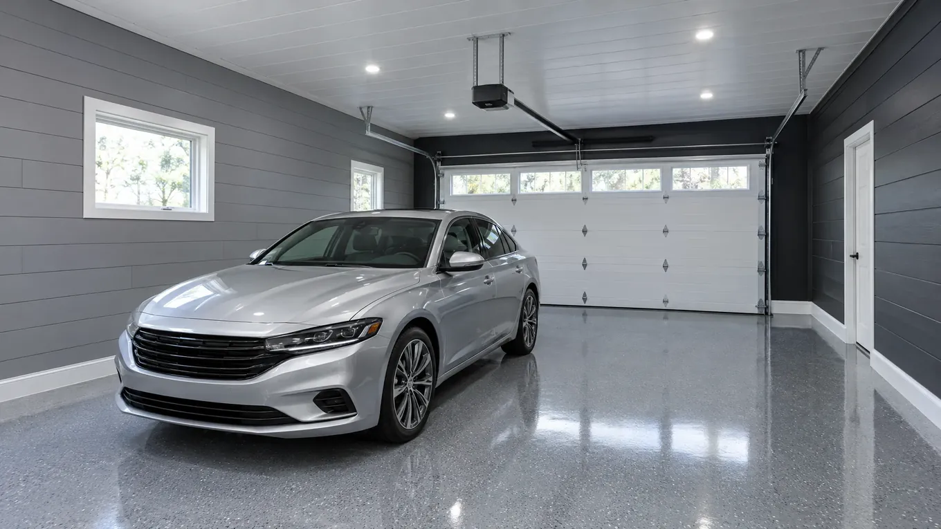 Garage with gray composite wall panels, a charcoal accent wall, finished ceiling, glossy floor and a silver sedan