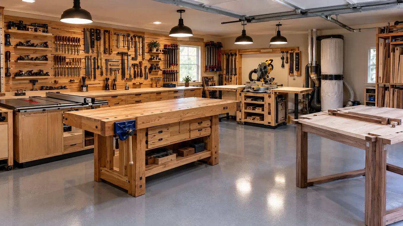 Garage woodworking workshop with a large workbench, table saw, miter saw station, French-cleat tool wall and dust collector